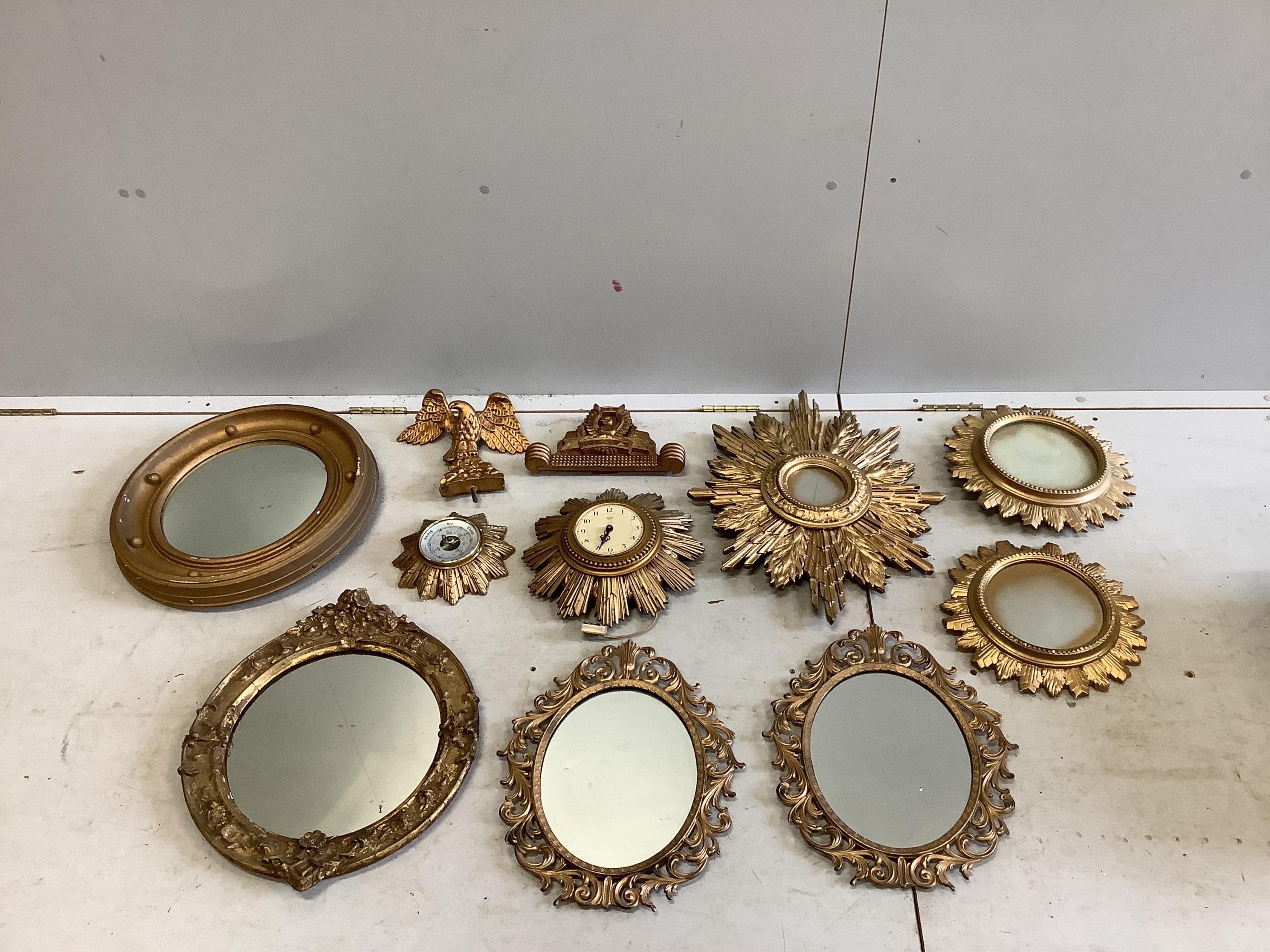 Three starburst wall mirrors, four further gilt framed wall mirrors, etc. Condition - fair